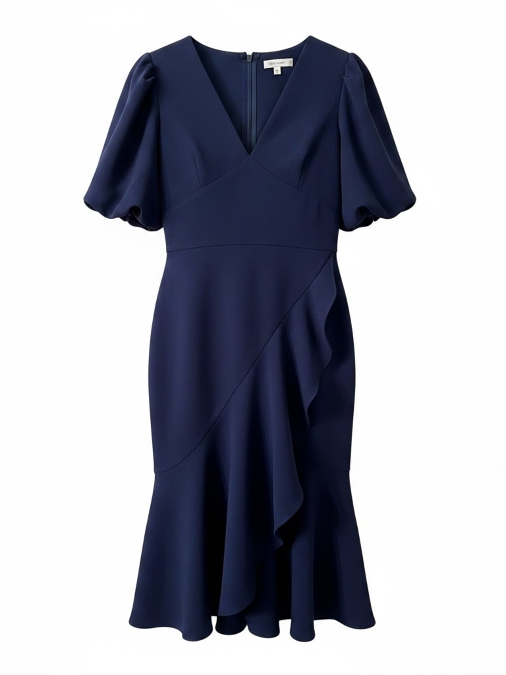 Shoshanna Navy V-Neck Puff Sleeve Ruffle Midi Dress